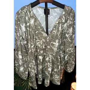 Bobeau Floral Peplum Blouse Long‎ Sleeve V Neck Boho Cottagecore Top L